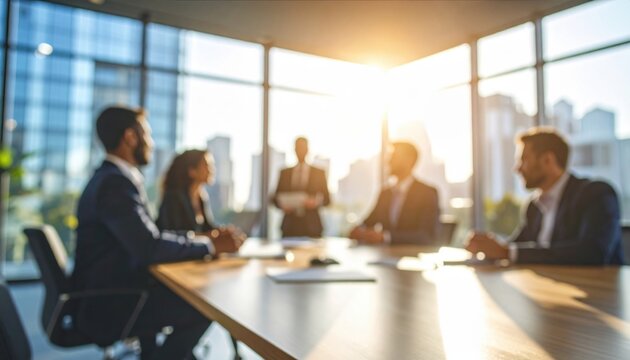 Business meeting in a high-rise office with sunlight symbolizes modern leadership, innovation, collaboration, and corporate decision-making dynamics