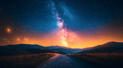 Starry night sky over a tranquil landscape with a winding path leading to mountains.