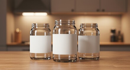 Photo of three empty glass jars are displayed on a wooden kitchen countertop