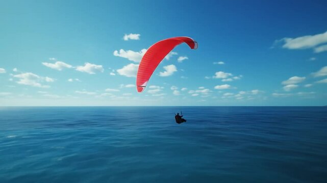 Paragliding Over Ocean: Aerial Adventure with Red Parachute and Blue Sky