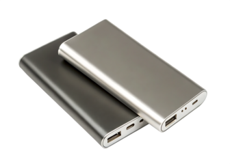 Sleek metal power banks isolated on a transparent background