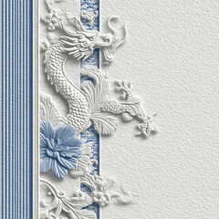 A white background with a blue dragon and flowers