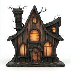 Scary old wooden ghost house village with light on window, isolated white