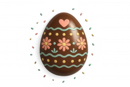 Festive Chocolate Easter Egg: A beautifully decorated egg with pastel floral patterns, a pink heart, and colorful sprinkles on a light background, symbolizing spring joy and holiday celebration.