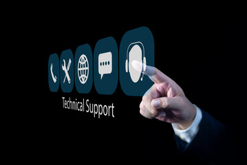 Businessman touching support icon on virtual screen, Technical support and customer service...