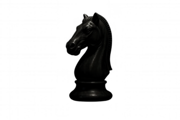 Strategic Disruption: A solitary black chess knight emerges from a dark, digitally distorted background, symbolizing challenge, power, and modern complexity.
