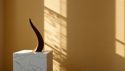 Close-up of a modern sculpture with a curved black element on a white pedestal against a warm beige wall, illuminated by sunlight creating shadows and highlights