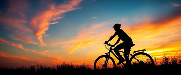 Silhouette of cyclist on bike against vibrant sunset,  horizon,  evening ride
