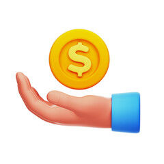 Hand Holding a Gold Coin with Dollar Sign 3D Cartoon Illustration