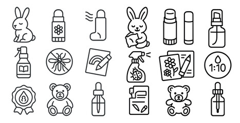 Collection of various items, including a teddy bear, a bottle of lotion, and a bottle of spray