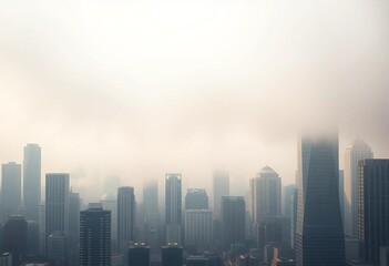 Fototapeta premium Smog hangs heavy over cityscape, obscuring skyscrapers, lung disease, toxic