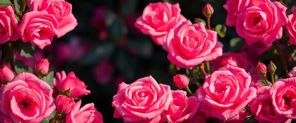 Obraz premium Softly lit, velvety pink rose blossoms fill the frame, macro, nature