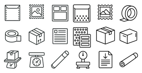 Set of icons for various office supplies, including a scale, a box, a paper clip, and a stapler