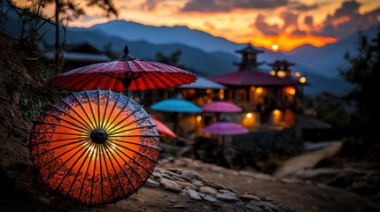 Borsang village umbrella festival thailand vibrant celebration scenic landscape sunset view cultural heritage