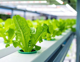 Closeup of vibrant lettuce growing hydroponically under LED lights. Symbol of sustainable agriculture, vertical farming, and healthy eating. Ideal for food or tech concepts.