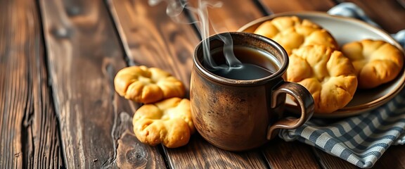 Steaming coffee in rustic mug beside a plate of buttery biscuits, tea, elegant