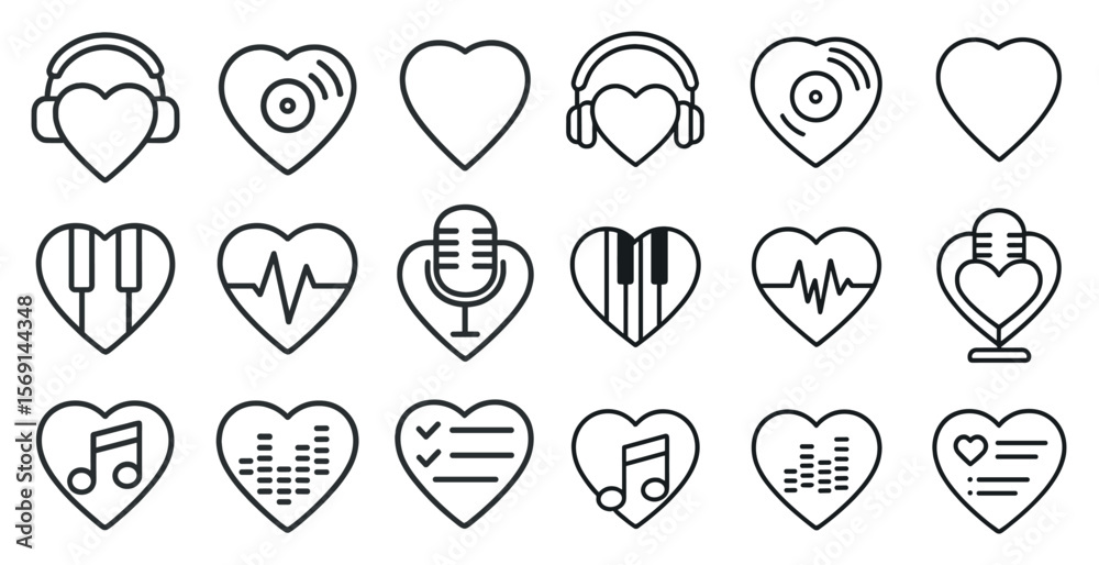 Poster collection of hearts with various music symbols and instruments. the hearts are arranged in a grid, 
