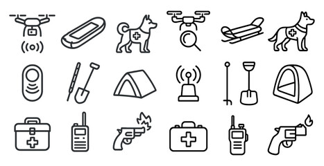 Collection of various items including a gun, a knife, a tent, a dog, and a snow shovel