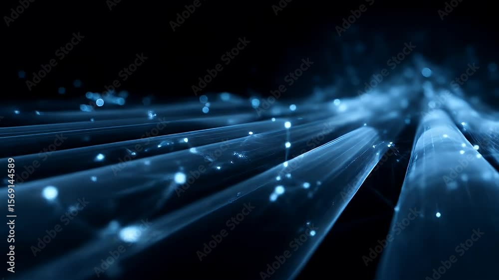 Sticker abstract digital image featuring lines of blue light and small glowing orbs, dark background
