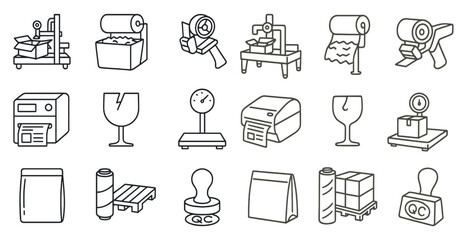 Collection of industrial icons, including a scale, a printer, and a forklift. The icons are drawn in a simple, stylized manner, and the overall mood of the image is one of efficiency