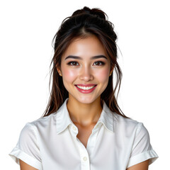 Radiant young woman with a bright smile wearing a white shirt against a transparent background