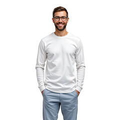 Fototapeta premium Young Man in Casual White Sweater and Glasses Smiling Against a White Background