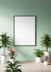 Photo of a blank frame is surrounded by plants against a green wall