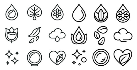 Fototapeta premium Set of icons for various things, including flowers, leaves, and hearts. The icons are all in black and white and are arranged in a grid