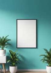 Photo of a blank frame is surrounded by plants against a blue wall