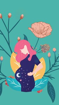 Animation of pregnant woman and flowers spinning in hypnotic motion on green background
