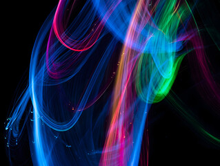 Abstract swirling light painting vibrant blue pink green and orange hues dynamic energy flowing lines dark background luminous trails glowing streaks multicolored cosmic nebula