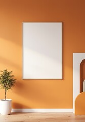 Photo of a blank poster is displayed on an orange wall with a plant