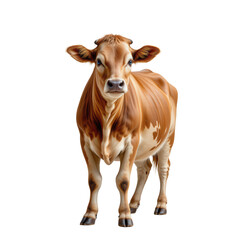 Brown and White Dairy Cow Standing on Green Grass in a Bright Sunny Farm Environment
