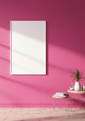 Photo of blank frame mockup on a pink wall in a modern interior setting