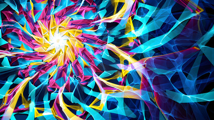 Abstract Swirling Pattern Vivid Cyan Pink Yellow Gold Hues Geometric Shapes Intertwined Lines Dynamic Energy Vibrant Colors Digital Art