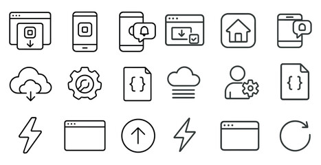 Set of icons for a computer program. The icons include a cloud, a house, a person, a button, and a house