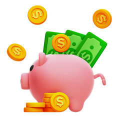 3D illustration of a piggy bank with coins and money