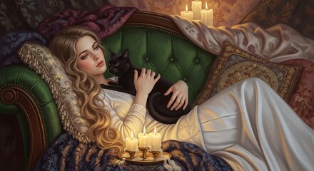 A woman in a white dress lying on a green velvet couch with a black cat in a cozy room.