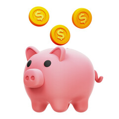 3D illustration of a piggy bank with coins and money