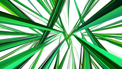 Abstract Green Lines Intersecting Radiating from Center Bright White Background Vivid Emerald Green Shades Dynamic Energy Intense Color Contrasts Sharp Edges Geometric Pattern
