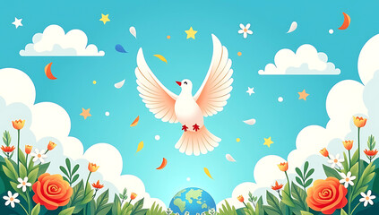 Obraz premium A peaceful dove flying above a colorful garden with flowers, stars, and a small globe, symbolizing global peace, 4K and HD image.