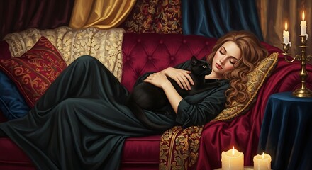 Serene woman reclining on a velvet couch cuddling a black cat in a cozy, candlelit room.