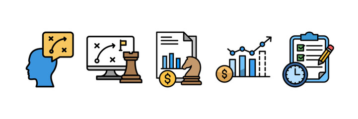 Strategic Planning Icon Set Multiple Style Collection, Containing design Strategic Thinking, Strategic Approach, Financial Strategy, Revenue Forecast 