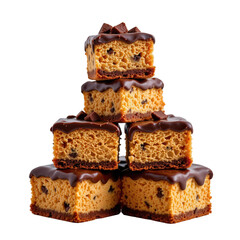 Delicious Chocolate Topped Cake Slices Stacked on a White Background for Desserts and Sweets Promotion