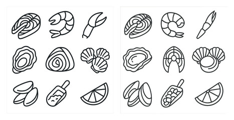The image is a set of 12 different food items, including shrimp, scallops, and various fruits and vegetables. The food items are arranged in a grid-like pattern