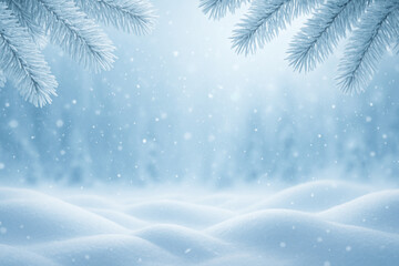 Winter snowfall background with pine tree branches and soft snow landscape scene