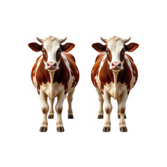 Pair of Brown and White Dairy Cows Standing Side by Side on a Plain Background in Farm Environment