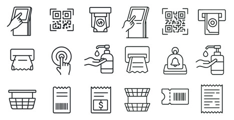 Collection of icons for various shopping and payment-related items, such as a shopping cart, a barcode scanner, a ticket, and a bell