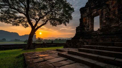Sunset at phimai historical park thailand captivating landscape photography amidst nature's serenity