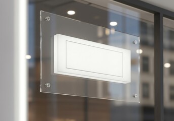 Photo of a clear glass rectangular sign mockup is mounted on a wall